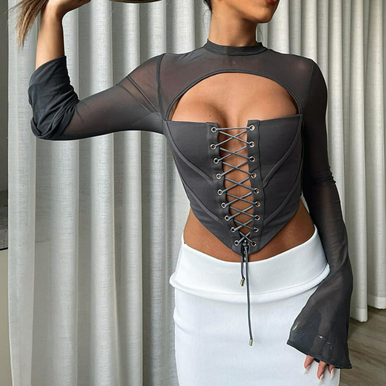 YYDGH Women Sexy Long Sleeve Mesh Crop Top Solid Color Cover Up Slim Fit  Lace Up Bandeau Bustie Crop Corset Top Clubwear Gray S 