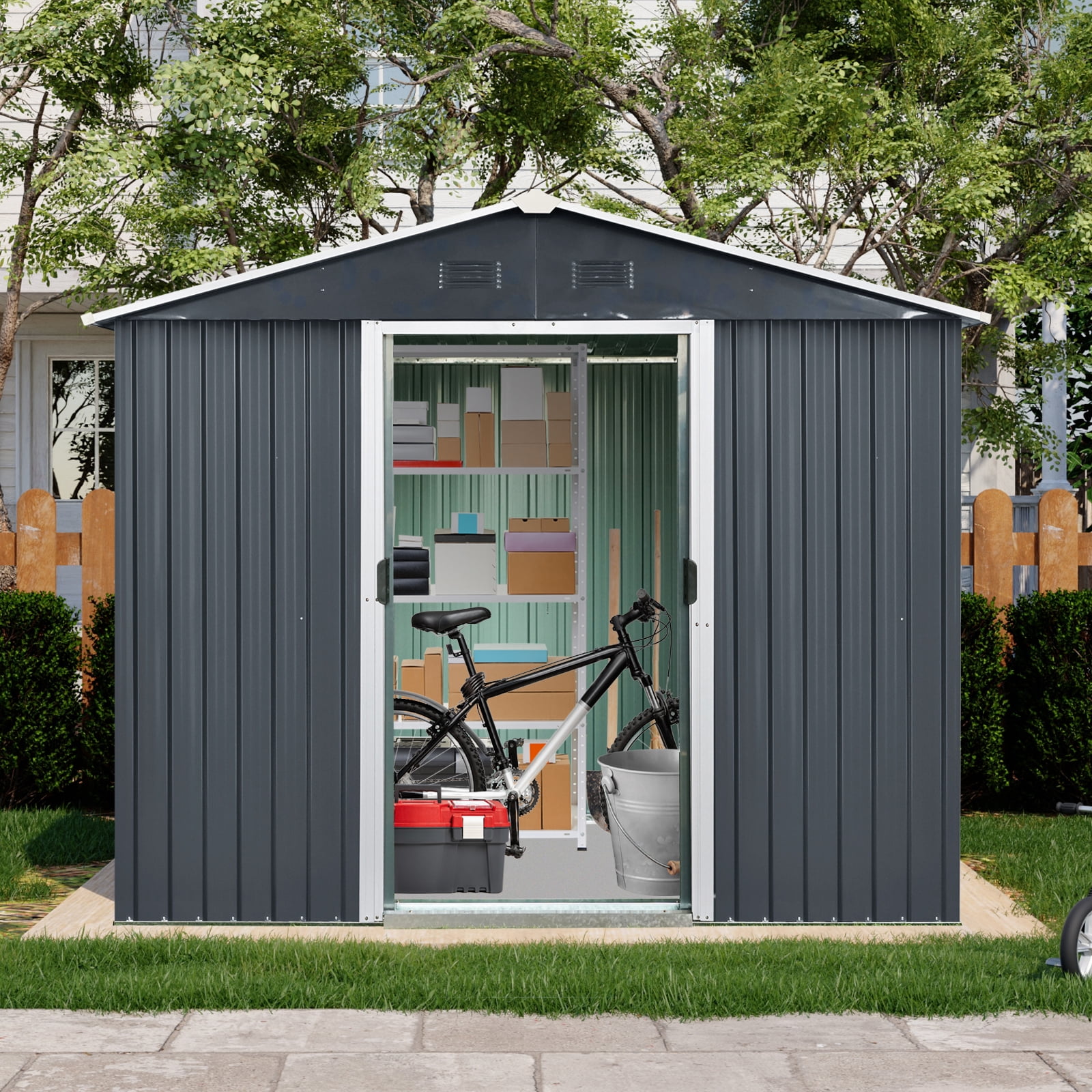 Alvantor 8 x 4 FT Outdoor Storage Shed Metal Garden Shed with Sliding Door and foundation for Backyard, Garden,Black