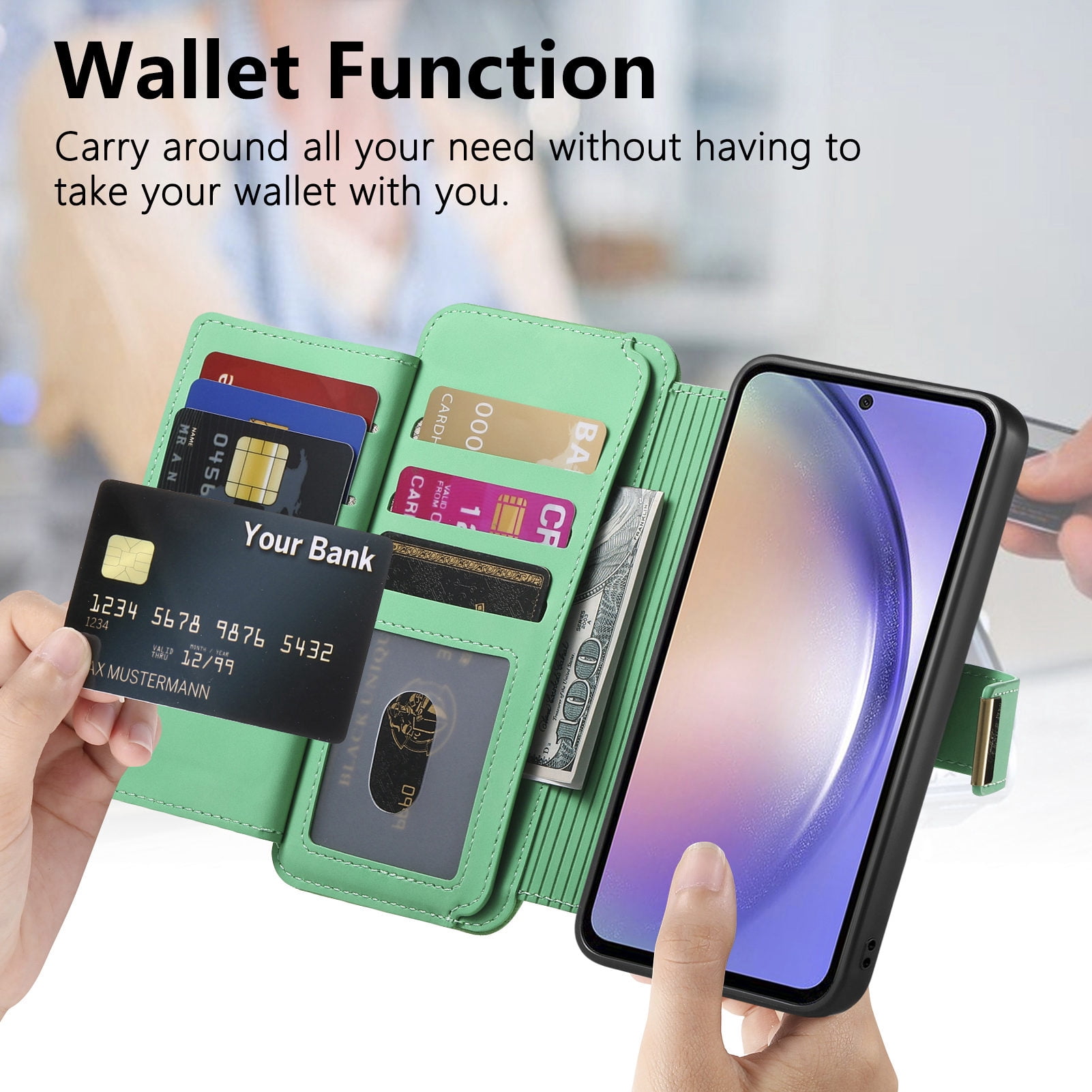 TECH CIRCLE for Galaxy S24 FE 2-in-1 Phone Case 6.7" 2024, Magnetic Back Cover with Removable Flip Wallet Case, with Card Slots/Ring Holder Grip, Compatible with MagSafe, PU Leather Case, Green