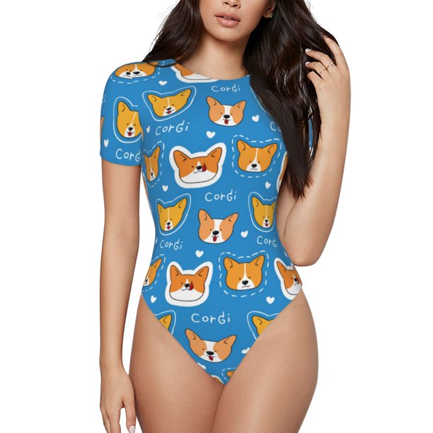 Fotbe Corgi Dog Face Body de Mujer con Cuello Redondo y Mangas Cortas, Sin Mangas Ajustado, Suave, Cómodo y Básico-XX-Large