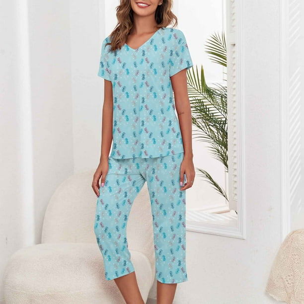 ZMJ Women's 2 Piece Pajama Set - Navy Blue Short Sleeve Top & Shorts Lounge Set, Soft Summer PJs