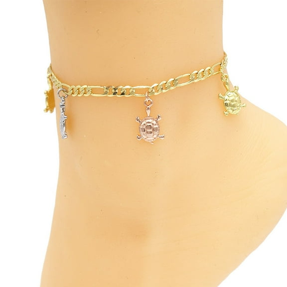 Women's Girls Layered Real Gold Plated Figaro Link Multi Color Turtles Anklet Bracelet With 10"