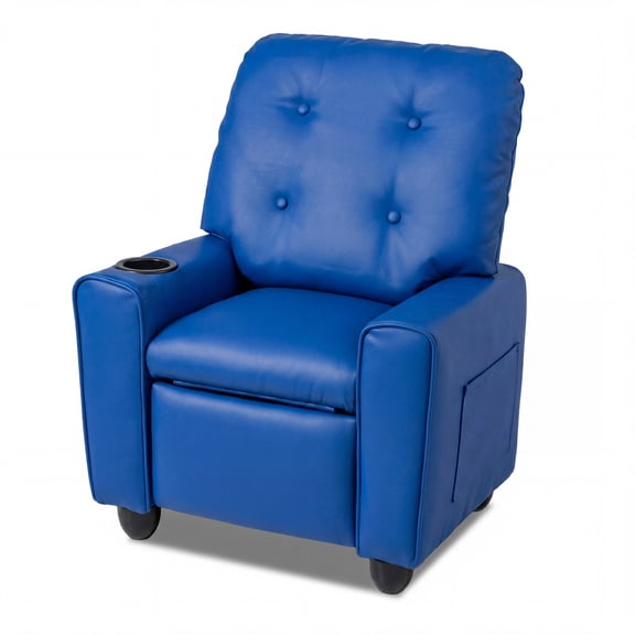 Costway Push Back Kids Recliner Chair for Ages 3 , PU Leather Reclining Armchair with Cup Holder Blue