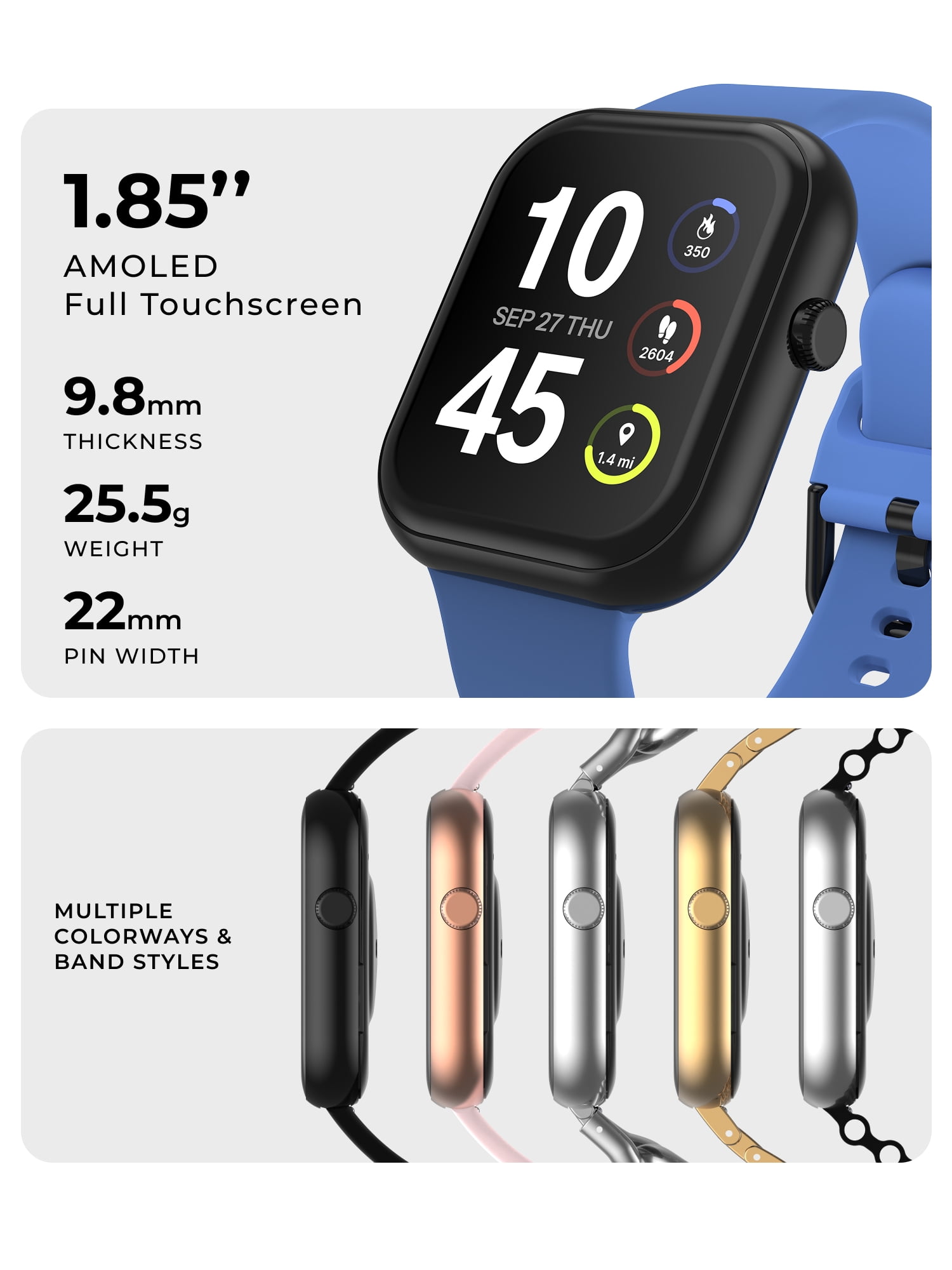 iTech Fusion 4 Unisex Adult Rectangular Smart Watch, Black, Blue Silicone Strap