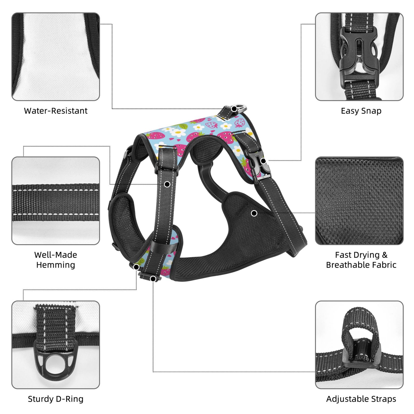 Kdxio Strawberry And Flowers Print No Pull Dog Harness Adjustable Reflective Oxford Easy Control Medium Large Dog Harness for Training and Everyday-