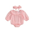 thumbnail image 2 of Baby Girl 2Pcs Fall Outfits Long Sleeve Solid Color Ruffle Romper with Headband Set Infant Clothes, 2 of 10