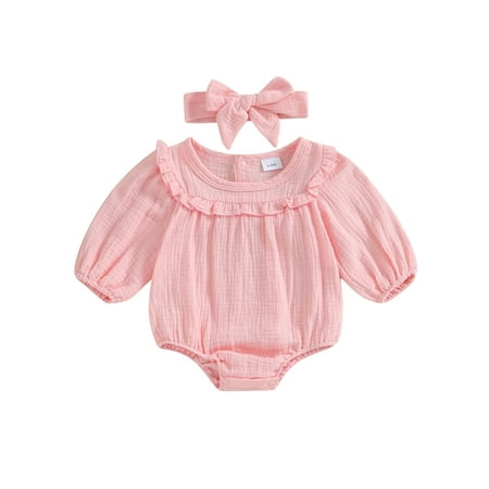 

Acuteok Baby Girl 2Pcs Fall Outfits Long Sleeve Solid Color Ruffle Romper with Headband Set Infant Clothes