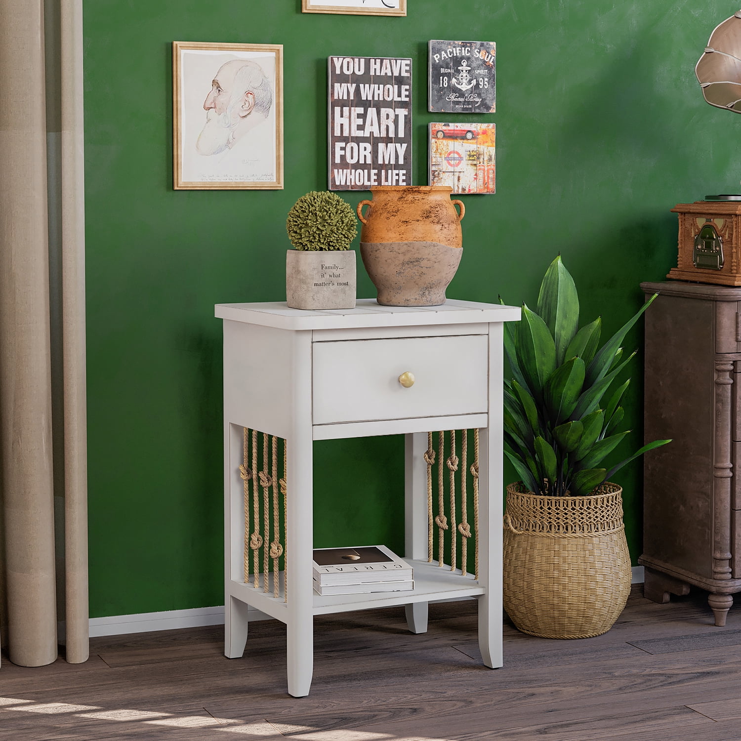 COSIEST White Farmhouse Nightstand with Drawer, Rustic 2Tier End Table