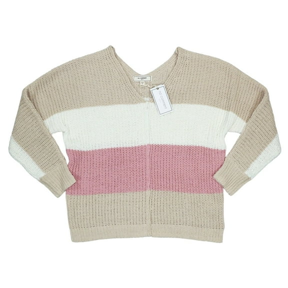 Ultra Flirt Juniors Chenille Colorblock Lightweight Knit V-Neck Sweater, Beige, Small