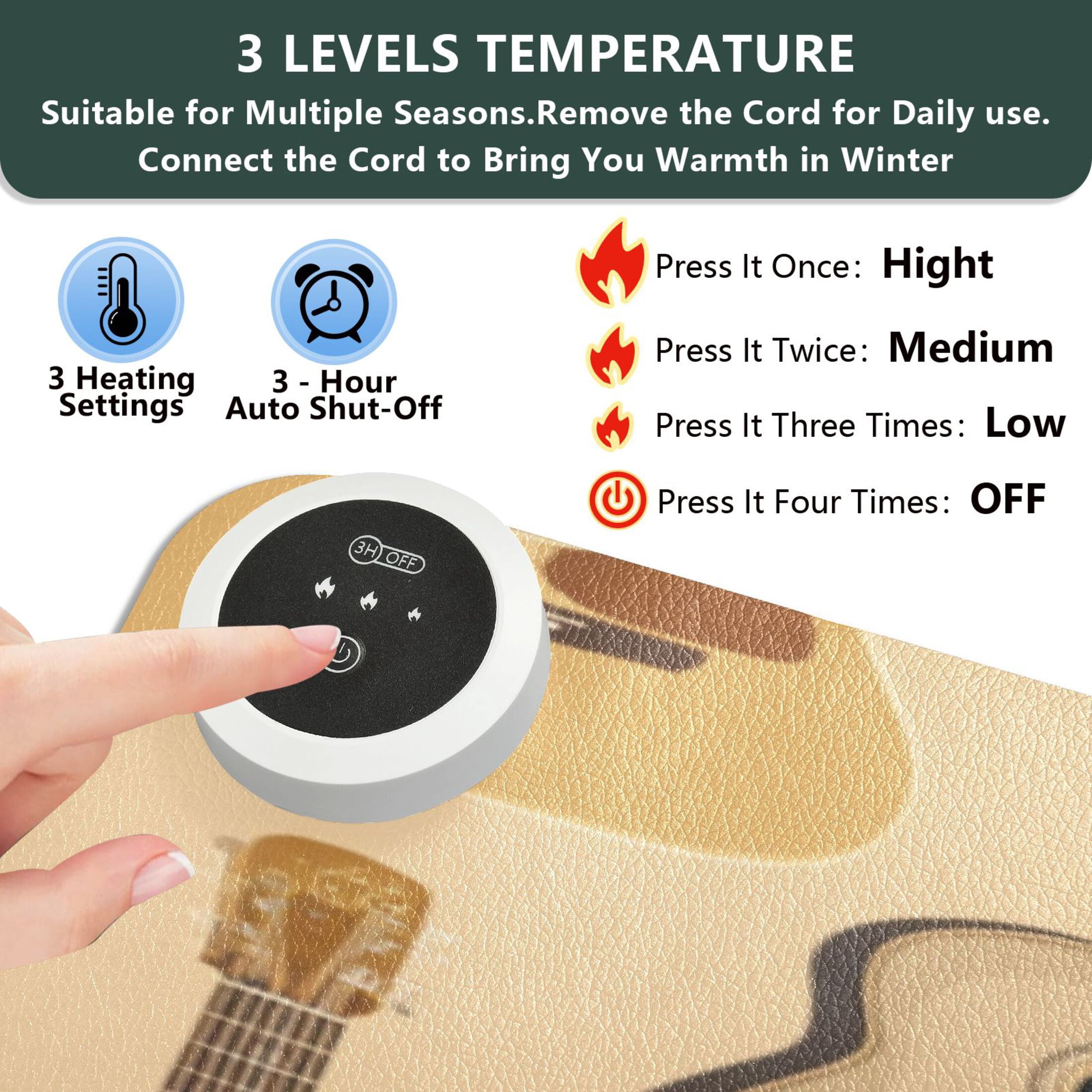 Large Heated Desk Mat Mouse Pad 31.5"x13"PU Leather Graphene Heating Desk Warmer with 3 Temperature Settings 110V US Plug Non-Slip Warm Pad for Home, Office, and Gaming Warm Acoustic Guitar Pattern