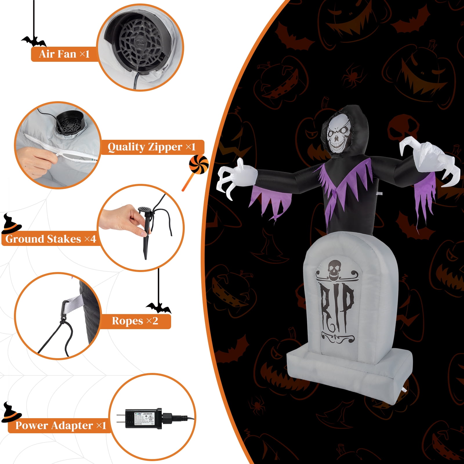 Astoutdoor 6ft Halloween Inflatable Grim Reaper and Grave Decoration with 3 LED Lights