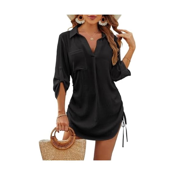 Womens Bathing Suit Cover Ups Bikini Swimsuit Coverup Drawstring Beach Dress Shirt