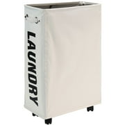 DOKEHOM 25-Inches Slim Laundry Basket on Wheels, Collapsible Rolling Laundry Hamper, Foldable Narrow Corner Clothes Storage Bins (Beige)