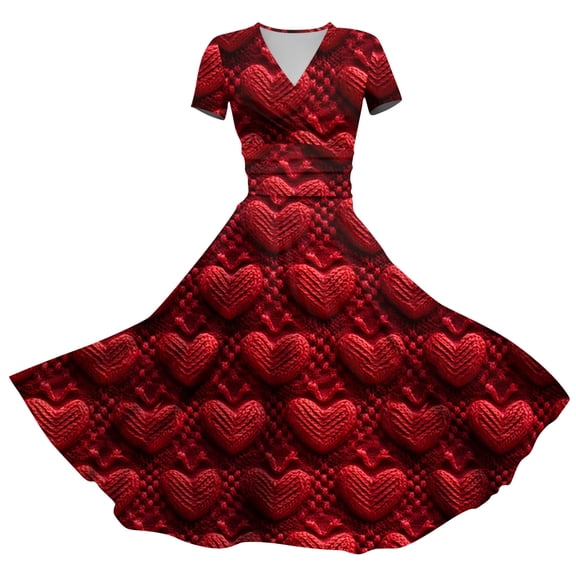 LWavelet 2026 Valentine's Romantic Crochet Heart Floral Dress Women, V-neck Short Sleeve Fitted Waist Flared Casual Sundresses Wine XL