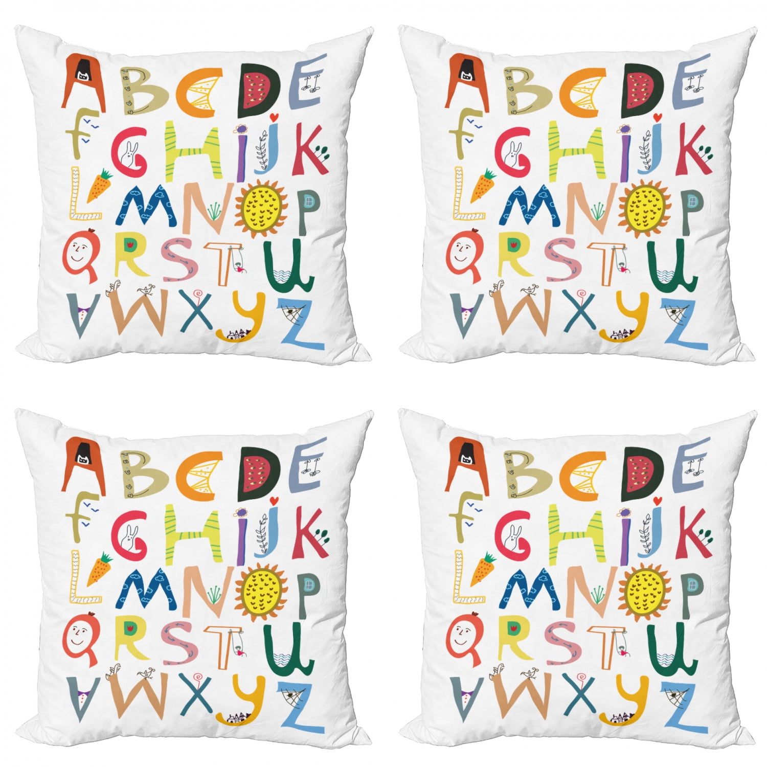 Alphabet Throw Pillow Cushion Case Pack of 4, Funny Letters with