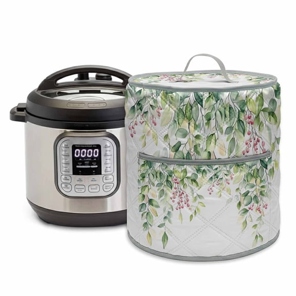Rustic Green Pressure Cooker Cover Eucalyptus Leaf Red Fruit Watercolor Botanical Dust Cover for Kitchen Appliances with Top Handle & Storage Pockets, Fits 6 Quart Instant Pot, Air Fryer, Crock Pot