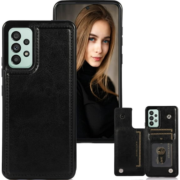 Basic Case for Samsung Galaxy A73 with Card Holder & Kickstand, Minimalist Luxury PU Leather Magnetic Closure Protective Wallet Case Cover for Samsung Galaxy A73 Black-SK