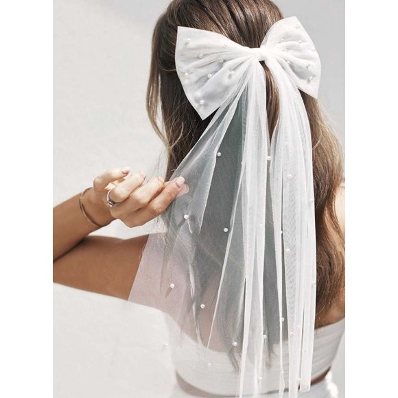 Jeairts Lazo para el pelo de novia, velo de perlas, pieza para el pelo de boda, lazo de tul blanco con clip, accesorios para el cabello para despedida de soltera para mujeres y niñas