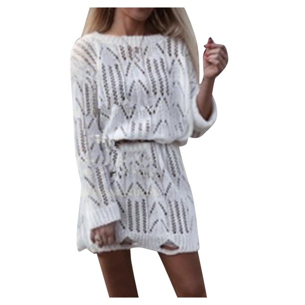 Gibobby Suéter de invierno para mujer, Suéter de manga larga con textura degradada, cuello redondo, hombros caídos, casual, suéter para mujer(Blanco,CH)