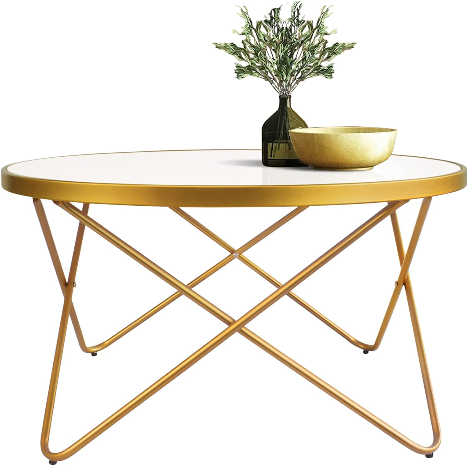 Mid Modern Round Gold Coffee Table with White Glass and Metal Frame