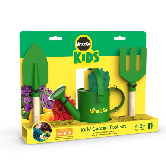 Miracle-Gro Kids 4 Piece Hand Garden Toolset for Kids Age 3 with Hand Trowel, Hand Fork, Gloves and Watering Can