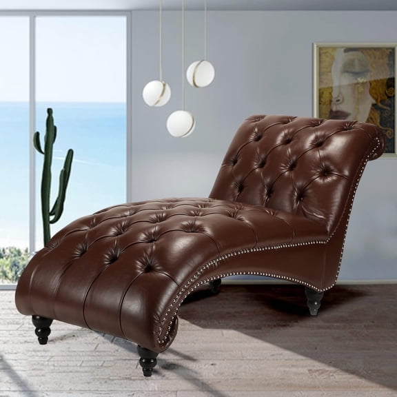 Faux Leather Button Tufted Chaise Lounge Indoor Lounge Chair 63" with Nailhead Trim Armless Upholstered Chaise for Living Room Bedroom Ergonomic Chaise (Coffee Color)
