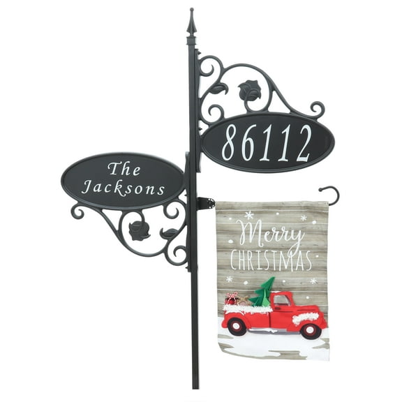 Address America USA Handcrafted, Double-Sided Double Park Place Oval Reflective Address Sign With Flag - 58" Pole - Christmas Red Truck Flag