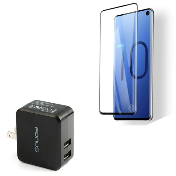 Galaxy S10  Tempered Glass Screen Protector w 17W Home Charger - [Fingerprint Works] 3D Curved Edge Full Cover, 2-Port USB 3.4A Wall for Samsung Galaxy S10