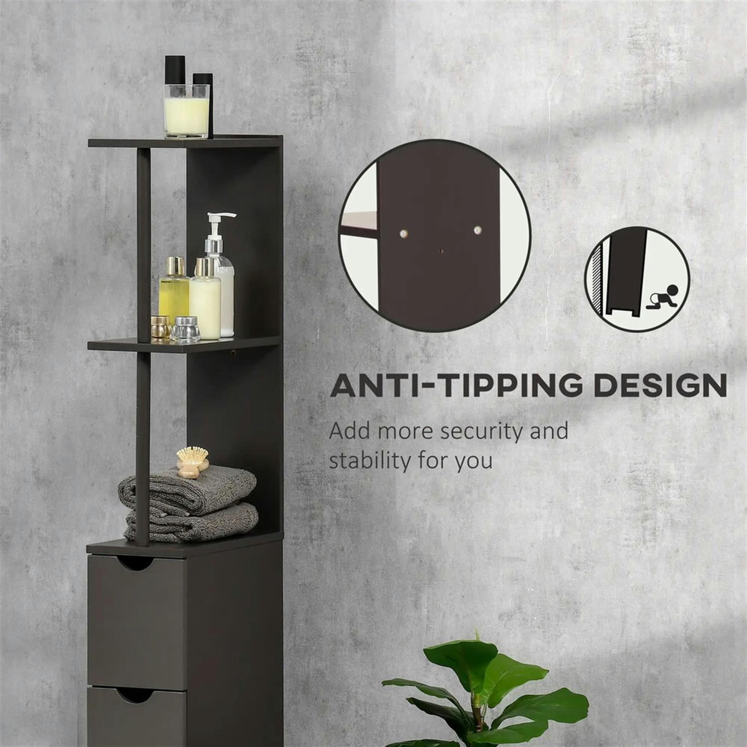 Demi Bonn Bathroom Floor Storage Cabinet, Bathroom Storage Unit, Freestanding Narrow Side Cabinet with 2-Tier Shelf and Drawers, Brown