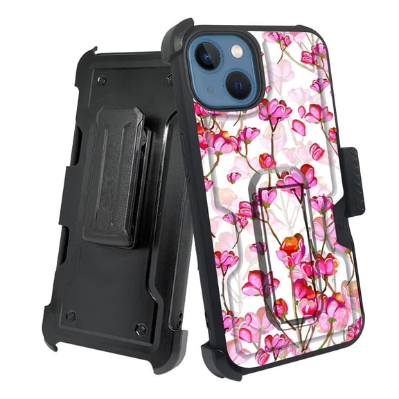 ANJ  Rugged Shockproof Holster Case w/Card Slot, Kickstand   Tempered Glass for iPhone 13 (6.1") - Red Florals