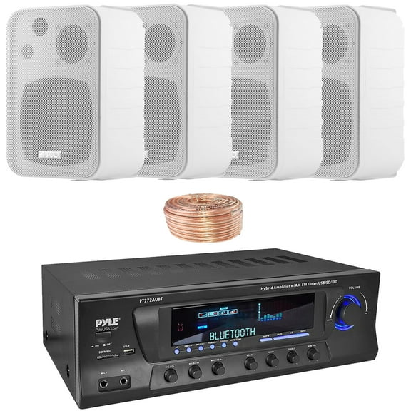 Pyle PT272AUBT High-Power 300 Watt Max Bluetooth Home Theater Amplifier Receiver with AM/FM Radio, MP3 & USB Playback, 4x 4" 30W Max Power 3-Way Indoor/Outdoor Box White Speakers W/50 Feet 18G Wire