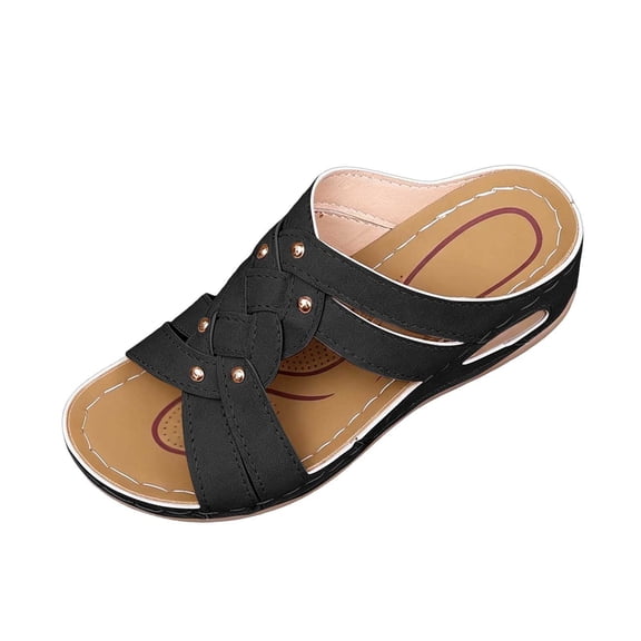 Yyuenw Ladies PU Open Toe Cross Strap Wedge Slides Casual Beach Vacation Footwear