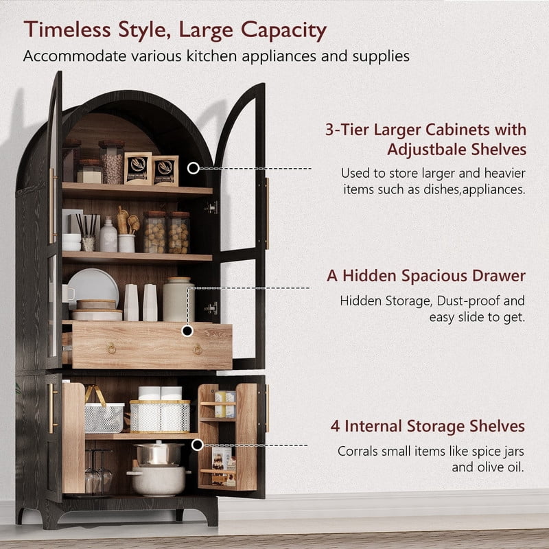 Arched Kitchen Pantry Cabinet with Door Shelves, 71" Tall Kitchen Storage Cabinet with Open & Adjustable Shelves, Freestanding Kitchen Cupboard with Hidden Drawer & Glass Door