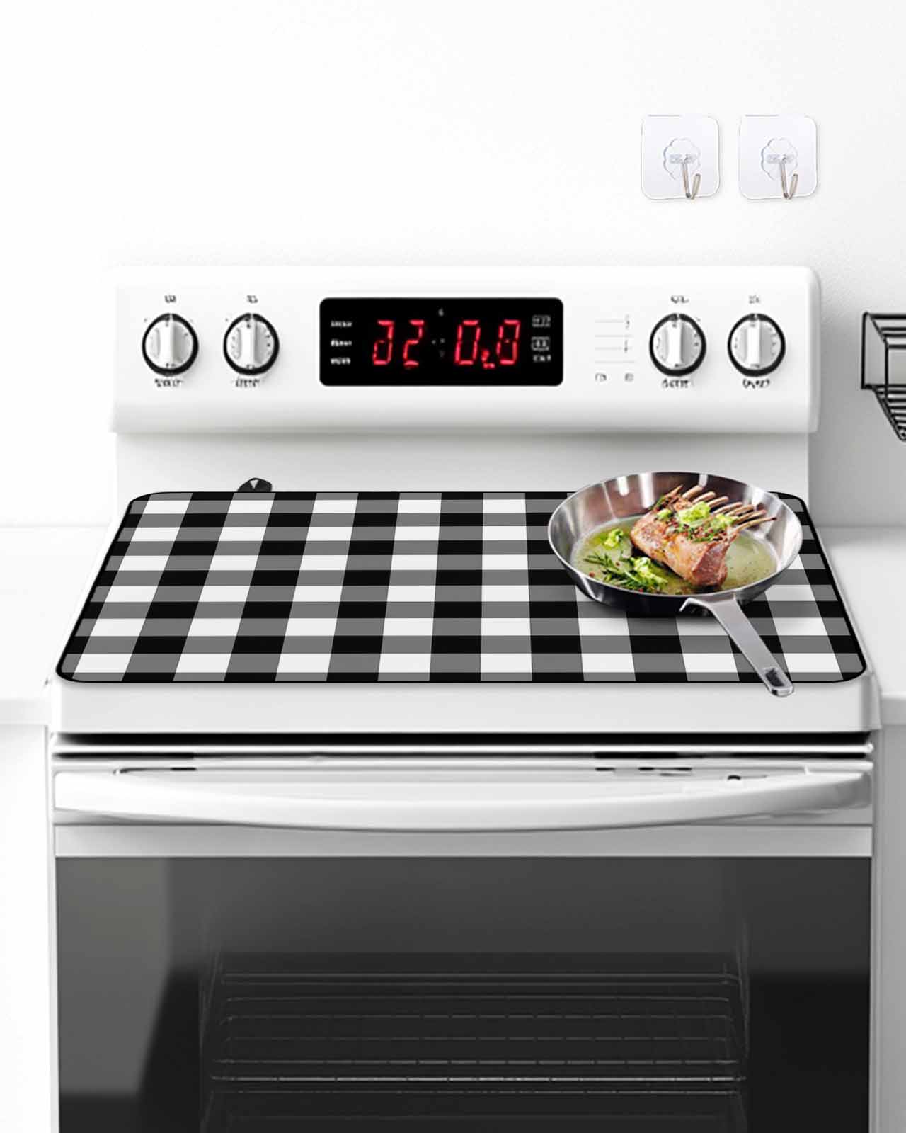 Stove Top Covers for Electric Stove, Black White Plaid Glass Stovetop Cover Protector, Gradient Geometric Buffalo Checkered Induction Cooktop Protector Oven Mat for Kitchen Countertop 36"x21"