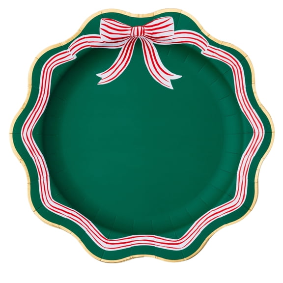 Bonjour Fête Green Bow Large Paper Dinner Plates, Disposable Party Supplies, 8 Count, 11 Inch, Christmas
