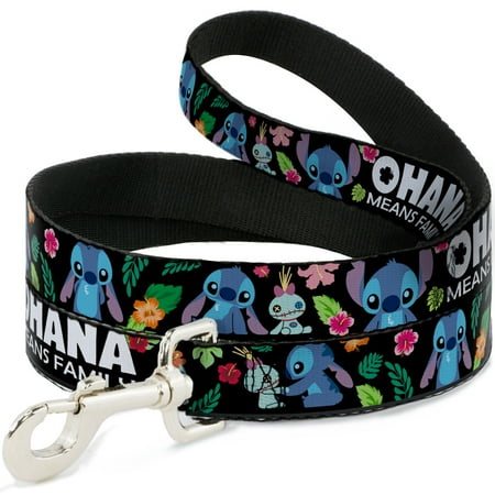 Disney Pet Leash Dog Leash Ohana Means Family Stitch Scrump Poses Tropical Flora Black 4 Feet Long 1.0 Inch Wide