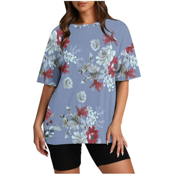 Short Sleeve Floral Tops for Women Plus Size Cotton Oversized Summer Crew Neck Loose Fit Casual Tshirt Blouses (Blue 2XL)