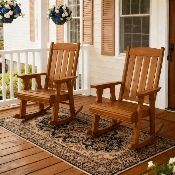 Innovaze Outdoor Wooden Rocking Chair, Solid Fir Wood Porch Rocker with Ergonomic High Backrest, Deep Comfortable Seat, Heavy Duty Patio Chair for Front Porch & Garden (Teak Tone, 2-pack)