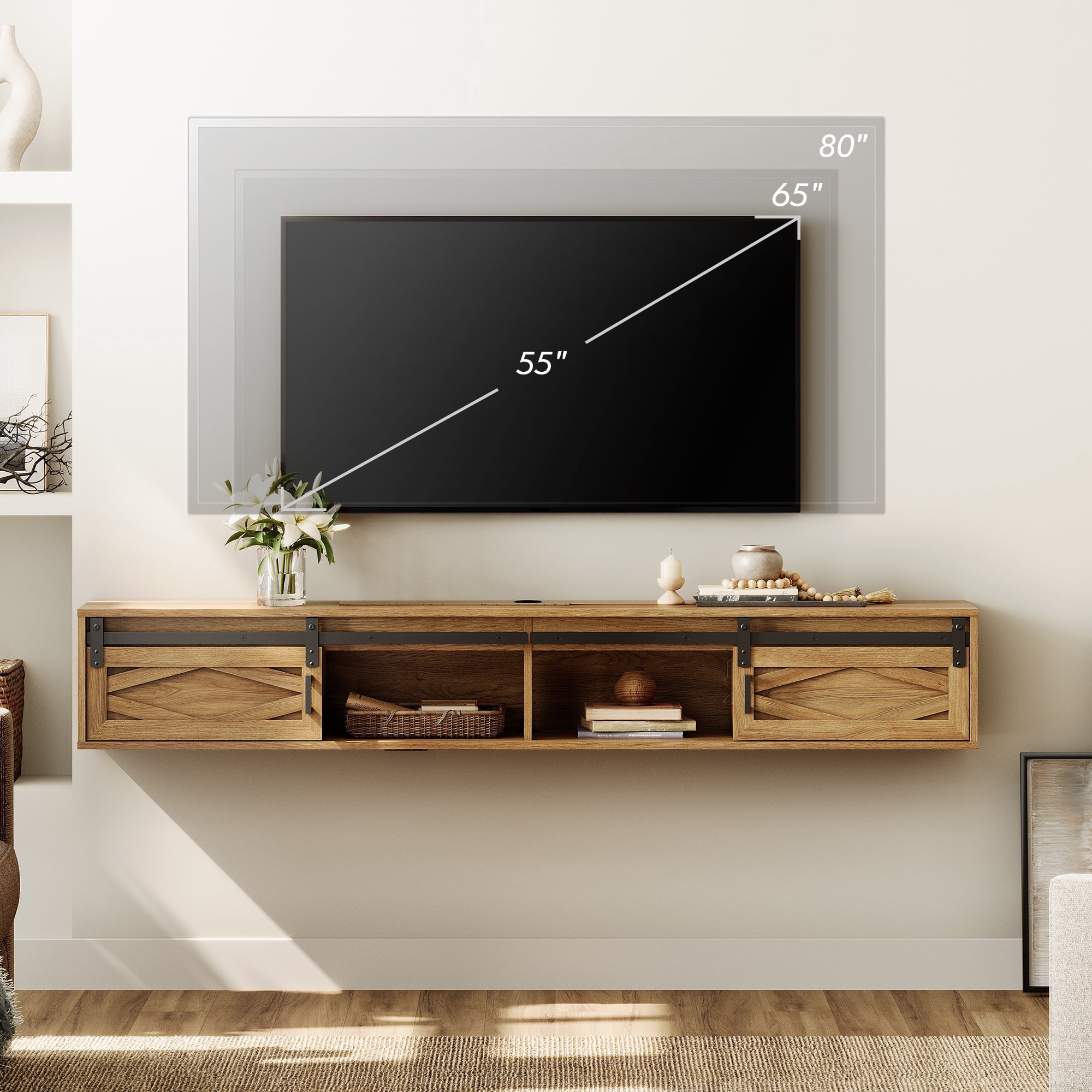 Sliding Barn Door Floating TV Stand with Charging Station，Beige