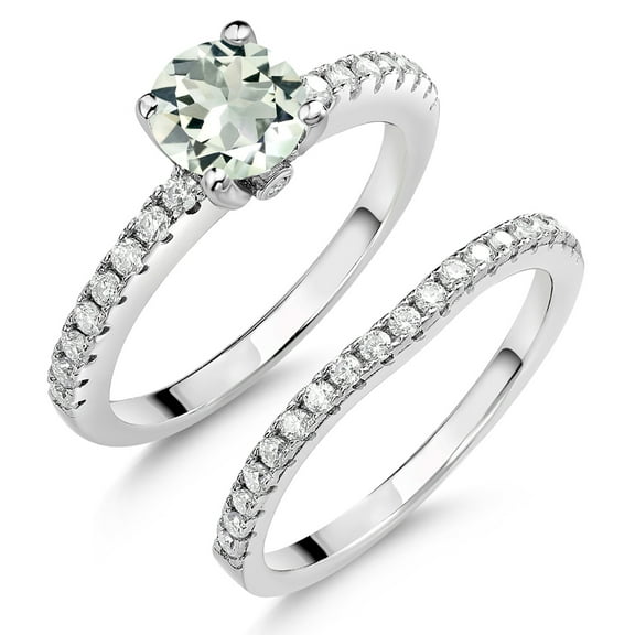 Gem Stone King 925 Sterling Silver Green Prasiolite and White Moissanite Wedding Engagement Band Bridal Set Ring for Women (1.29 Cttw, Gemstone, Available in Size 5, 6, 7, 8, 9)