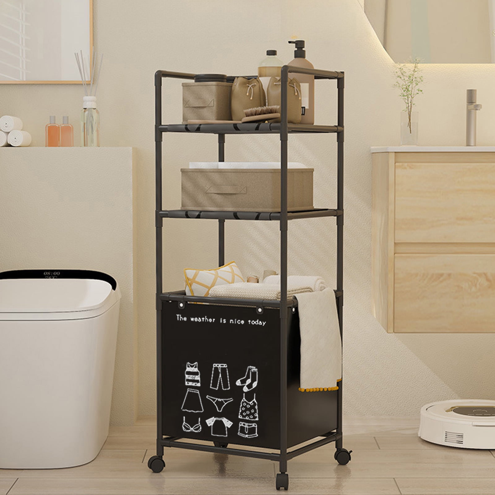 Wzzjkit 3 Tiers Laundry Hamper with Wheels, Tall Laundry Basket Sorter, Ladder Shelves with Clothes Organizer for Bathroom Bedroom