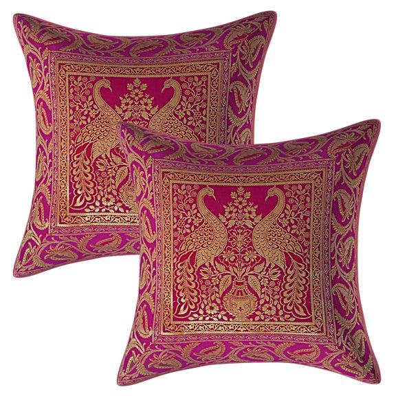 Stylo Culture Indian Decorative Brocade Magenta And Gold Throw Pillow Covers 16x16 Jacquard Weave Banarasi Pillow Covers For Throw Pillows Peacock Floral 40x40 cm Cushion Covers (Set Of 2)