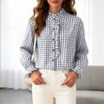 thumbnail image 6 of larppty Womens Plaid Ruffle V Neck Button Down Blouse Casual Long Sleeve Trendy Tops Work Checkered Shirt (Light Gray, S), 6 of 8