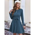 thumbnail image 2 of Weardear Kint Dress for Women 2025 Casual Long Sleeve Ribbed Flowy Crewneck Dress with Tie Waist, 2 of 5