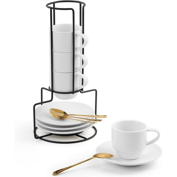 3-Ounce Espresso Cups with Saucers, Spoons and Metal Stand, Small Stackable Coffee Cups Set of 4, Ceramic Demitasse Mugs, White