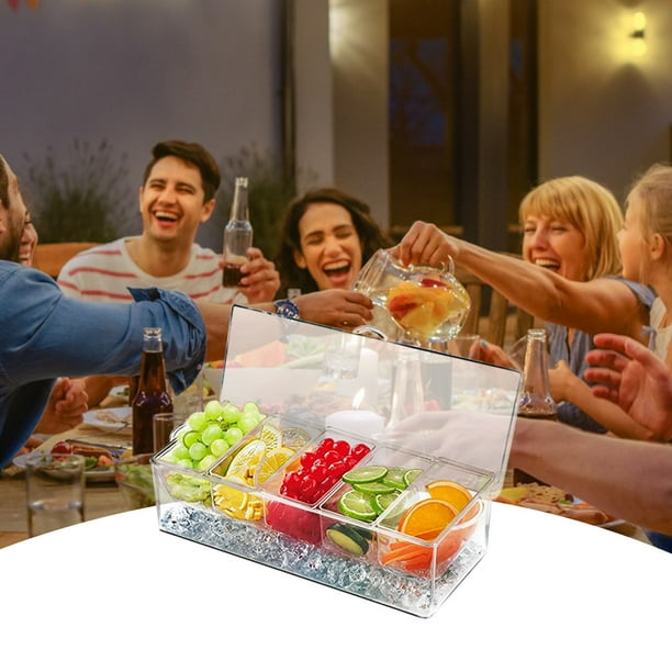 Servidor de condimentos fríos, bandeja transparente con tapa para bar y fiestas, con 5 compartimentos extraíbles, recipiente para hielo, recipientes para fruta y bandeja para servir condimentos fríos.