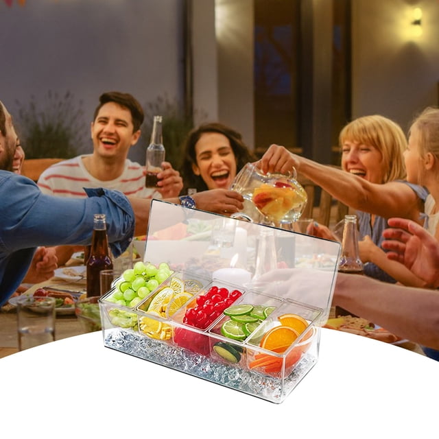 Servidor de condimentos fríos, bandeja transparente con tapa para bar y fiestas, con 5 compartimentos extraíbles, recipiente para hielo, recipientes para fruta y bandeja para servir condimentos fríos.