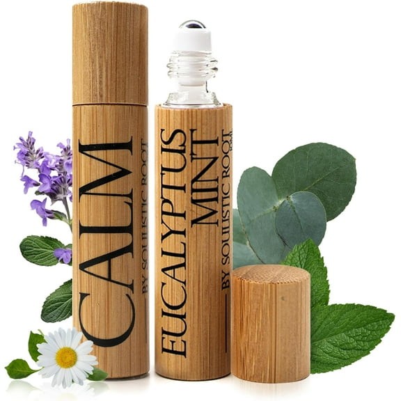 Soulistic Root Calm Essential Oil – Chamomile & Clary Sage   Breathe Eucalyptus & Peppermint Roller – Aromatherapy Blends Ideal for Relaxation, Head Massage & Clarity – Gift Set for Women – 10ml Each