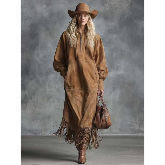 Women Western Brown Faux Suede Maxi Dress Half Zip Stand Collar Fringe Hem Cowgirl Long Dress with Side Pockets
