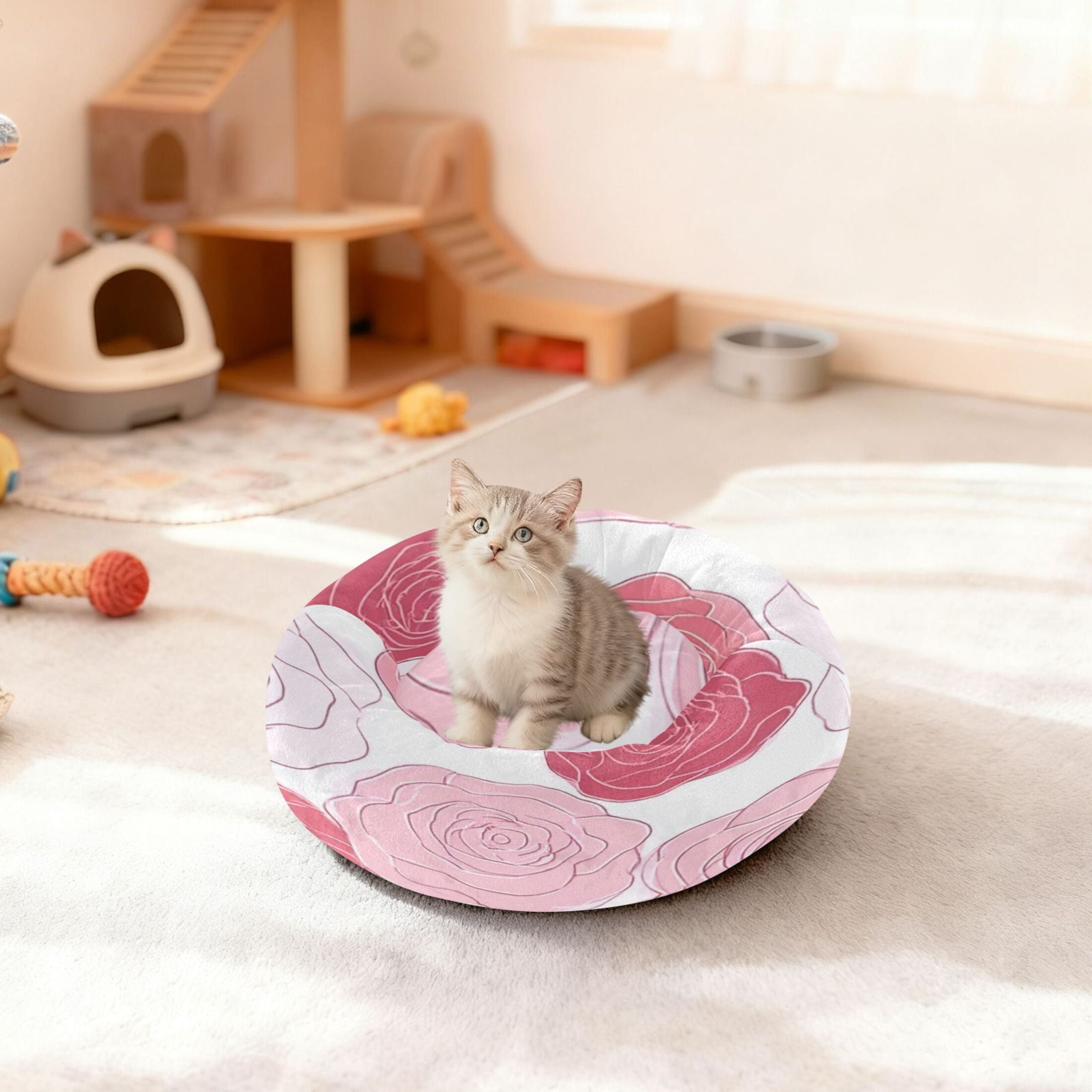 Iauyy Pet Couch Donut Cat Bed for Indoor Cats/Small Dogs Washable & Machine with Non-slip Bottom Calming Cat Furniture, Petal Space (M)